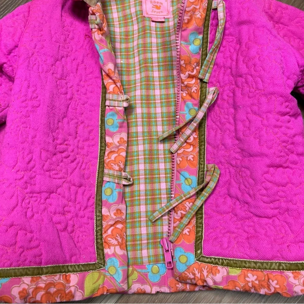 Room seven girls quilted pink jacket size 4 color block floral wool colorful